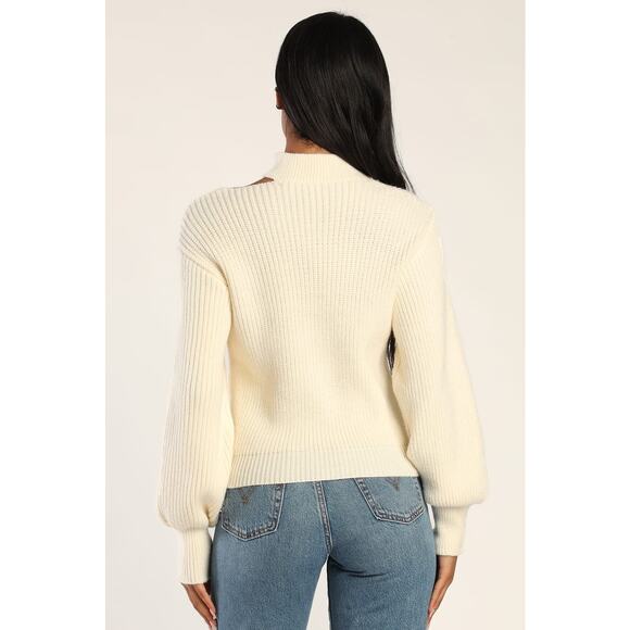 Lulus Trendy Forecast Ivory Pointelle Knit Mock Neck Cutout Sweater XL NWT - Picture 7 of 7